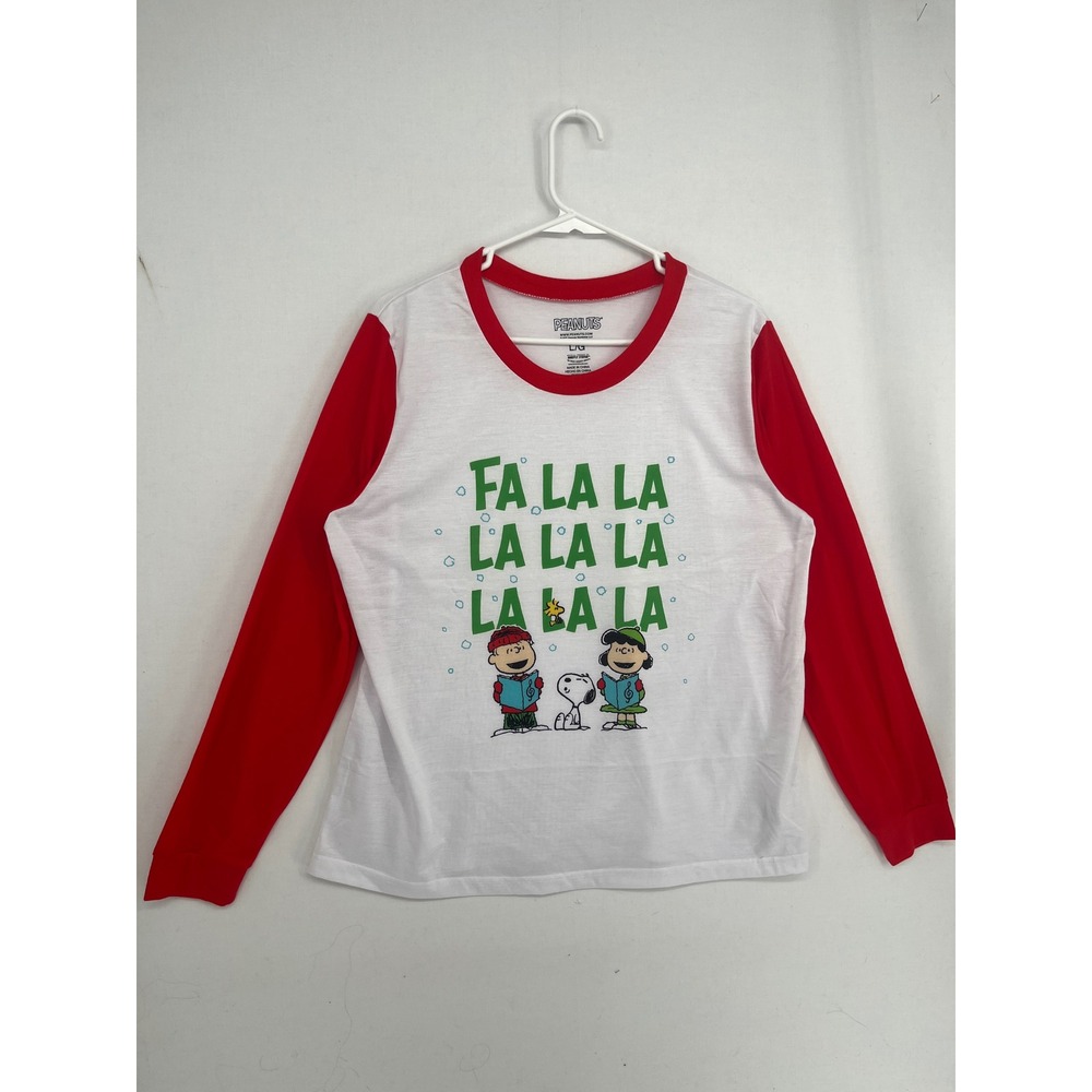 Peanuts Christmas Shirt Mens Large White Red Raglan Long Sleeve Caroling Snoopy